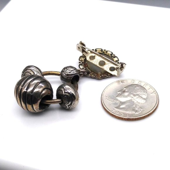 Silver Tone Dangle Brooch has a Tribal Flair with Repousse and Embossed Beads - Picture 4 of 4
